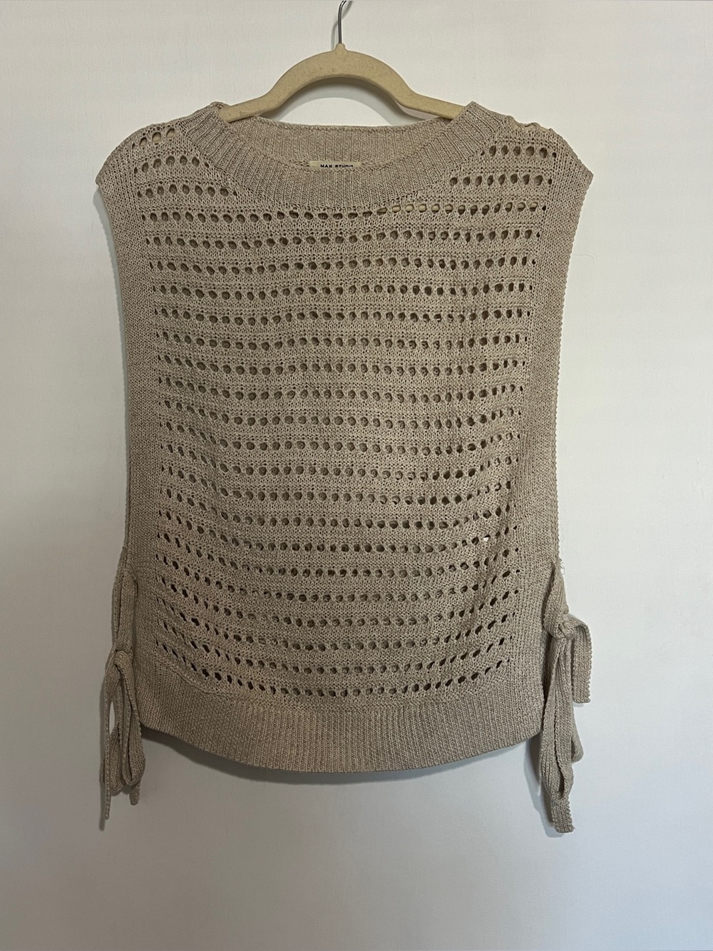 Max Studio Open-Weave Tie-Side Crewneck Sweater Vest - Beige